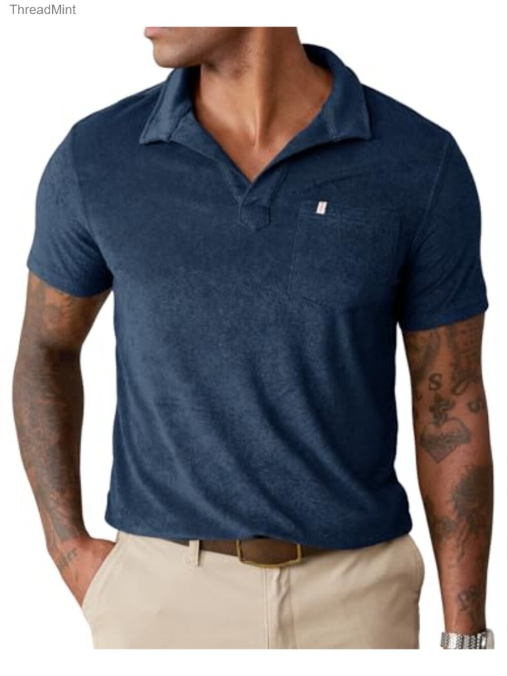 Terry Cloth Johnny Collar Polo Shirt with Pocket Casual Buttonless Short Sleeve